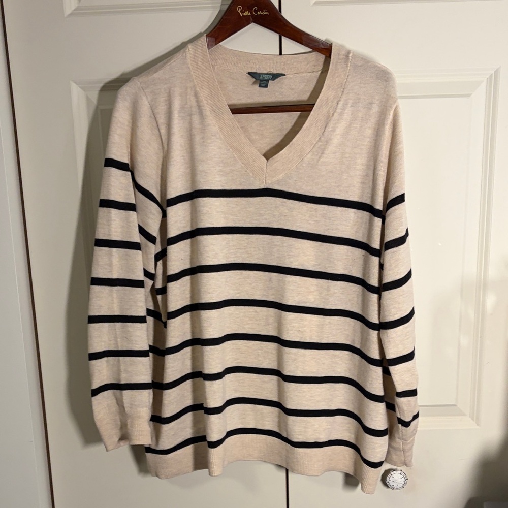 Terra & Sky Beige V-Neck Sweater with Black Stripes